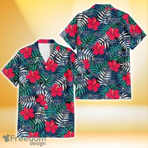 Tampa Bay Rays Red Hibiscus Green Blue White Leaf Black Background 3D Hawaiian Shirt Gift For Fans