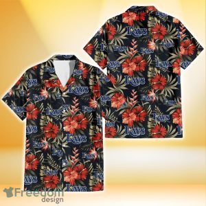 Tampa Bay Rays Red Hibiscus Green Leaf Dark Background 3D Hawaiian Shirt Gift For Fans