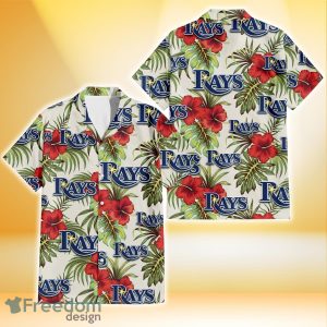 Tampa Bay Rays Red Hibiscus Green Tropical Leaf Cream Background 3D Hawaiian Shirt Gift For Fans