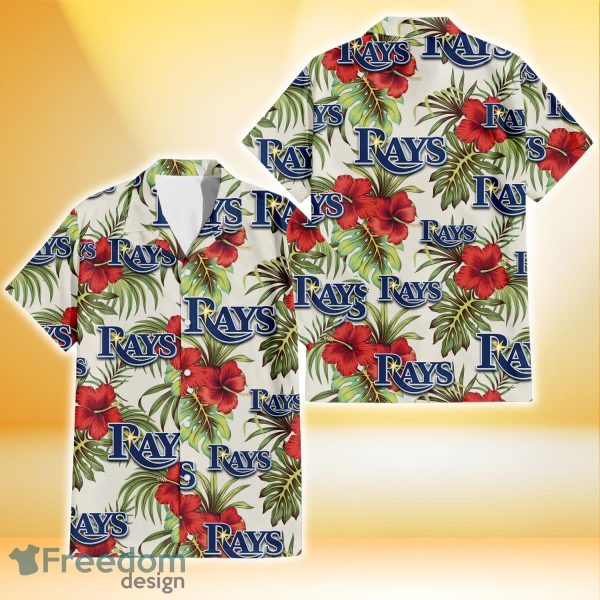 Tampa Bay Rays Red Hibiscus Green Tropical Leaf Cream Background 3D Hawaiian Shirt Gift For Fans