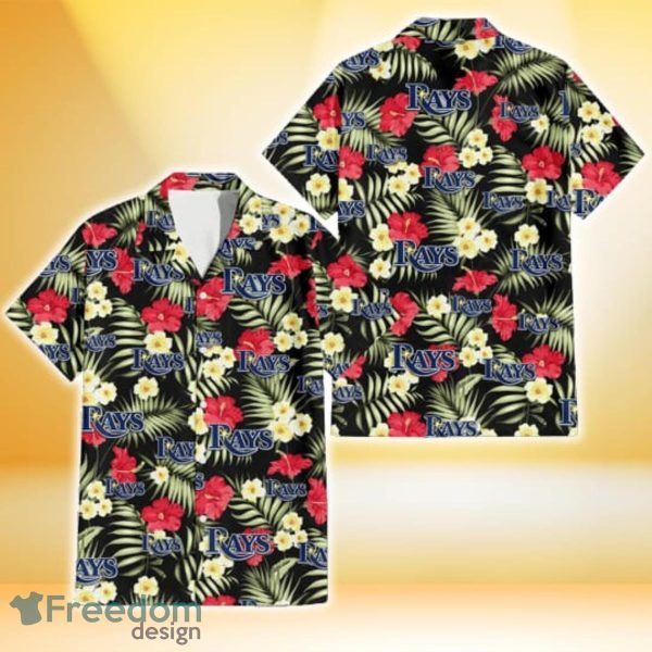 Tampa Bay Rays Red Hibiscus Yellow Porcelain Flower Black Background 3D Hawaiian Shirt Gift For Fans
