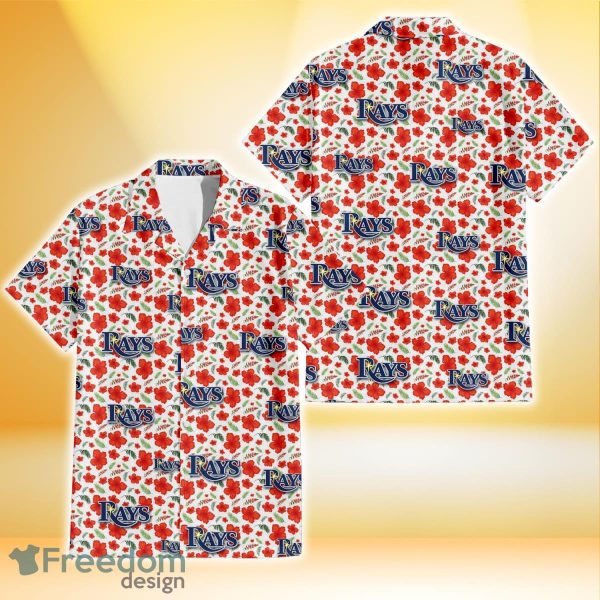 Tampa Bay Rays Tiny Red Hibiscus Green Leaf White Cube Background 3D Hawaiian Shirt Gift For Fans