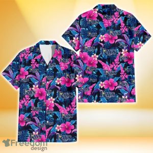 Tampa Bay Rays Violet Red Hibiscus Blue Leaf Black Background 3D Hawaiian Shirt Gift For Fans