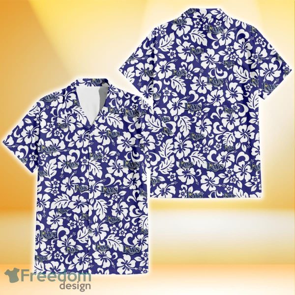 Tampa Bay Rays White Hibiscus Pattern Slate Blue Background 3D Hawaiian Shirt Gift For Fans