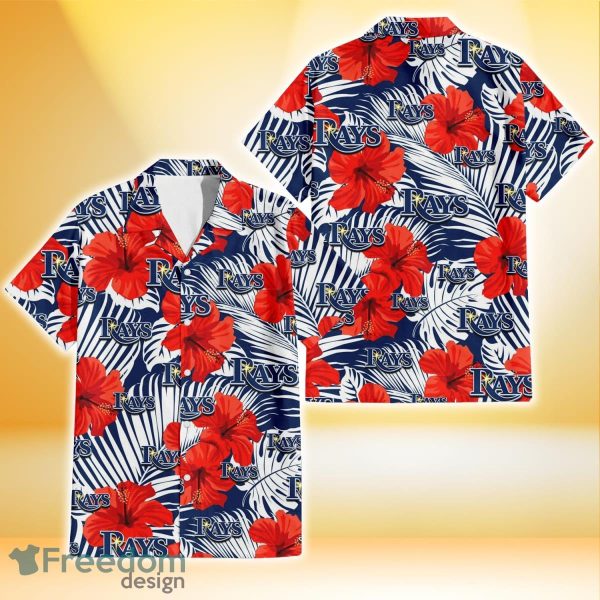 Tampa Bay Rays White Tropical Leaf Red Hibiscus Navy Background 3D Hawaiian Shirt Gift For Fans