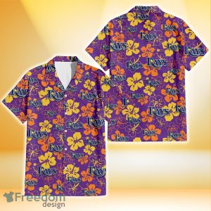 Tampa Bay Rays Yellow And Orange Hibiscus Purple Background 3D Hawaiian Shirt Gift For Fans