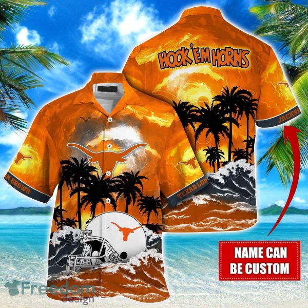 Texas Longhorns NCAA Hawaiian Shirt Coconut Tree Waves Beach Hawaii Shirt Custom Name For Fans
