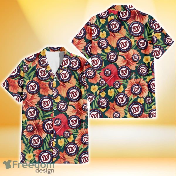 Washington Nationals Orange Red Hibiscus Green Leaf Dark Background 3D Hawaiian Shirt Gift For Fans