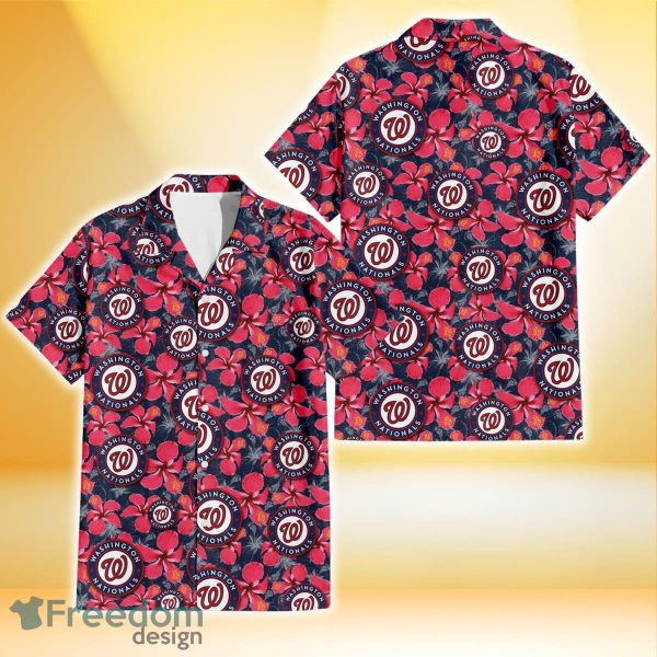 Washington Nationals Red Hibiscus Dark Gray Background 3D Hawaiian Shirt Gift For Fans