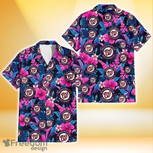 Washington Nationals Violet Red Hibiscus Blue Leaf Black Background 3D Hawaiian Shirt Gift For Fans