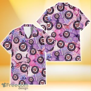 Washington Nationals White Purple Hibiscus Pink Hummingbird Pink Background 3D Hawaiian Shirt Gift For Fans